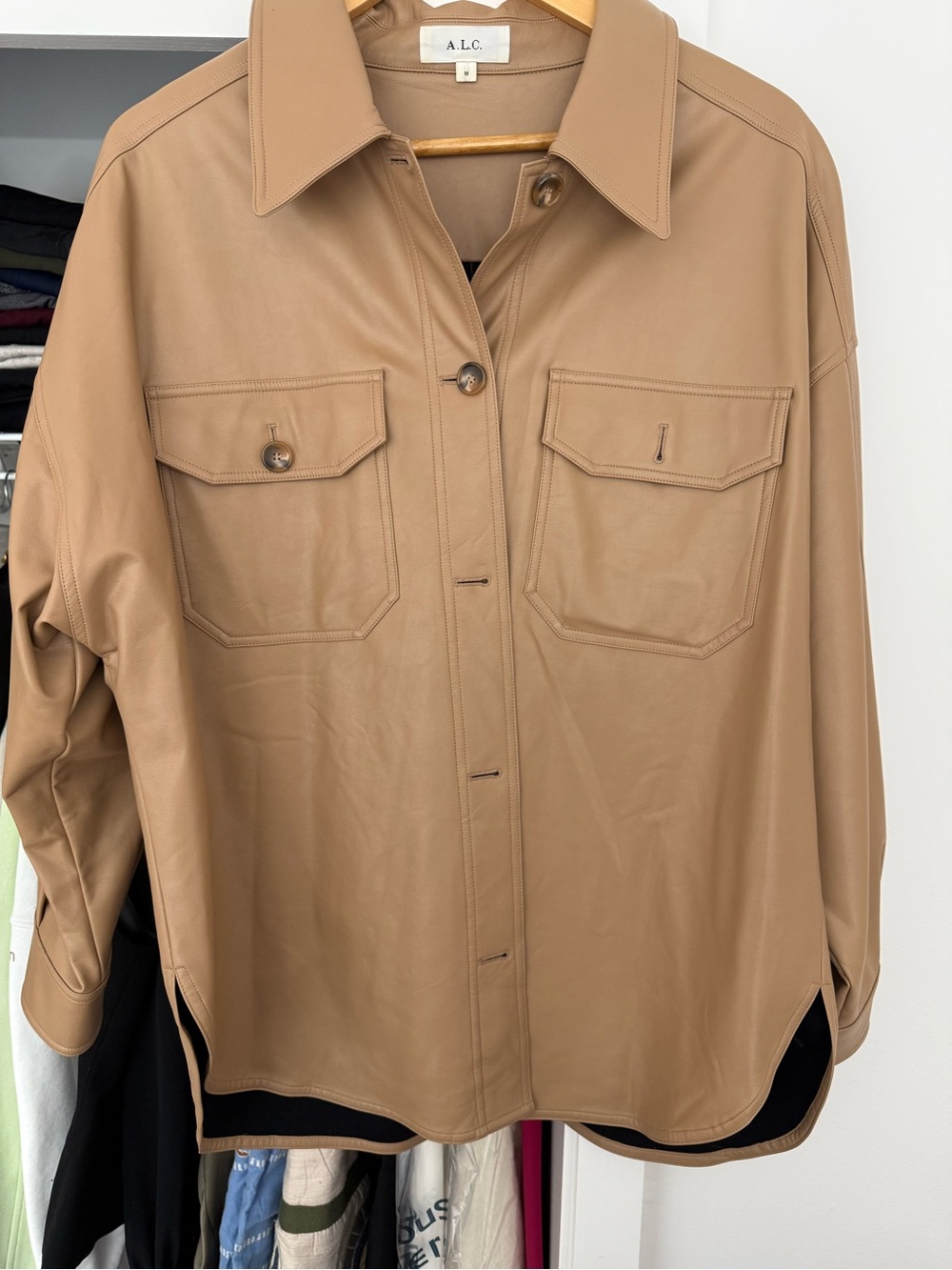 A.L.C. Camel Button-Front Leather Shirt Jacket